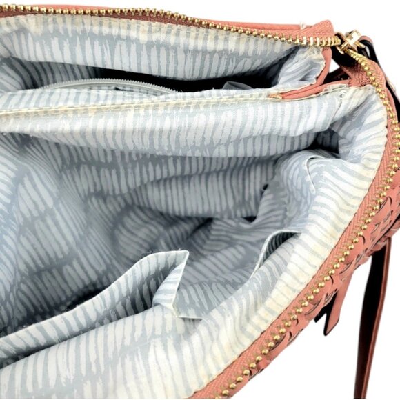 Versatile Blush Brown Braided Crossbody Purse Multi-Pocket Design Striped Lining - Picture 11 of 12